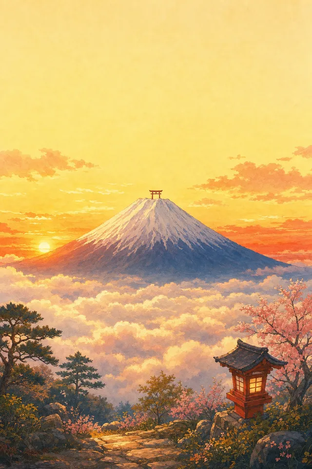 Mount Fuji at sunrise above a sea of clouds, the N1 home backdrop in Tanuki