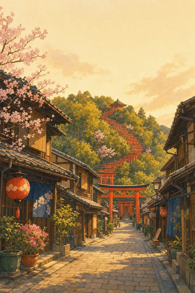 A path of red torii gates climbing a wooded hillside in Kyoto, the N3 home backdrop in Tanuki