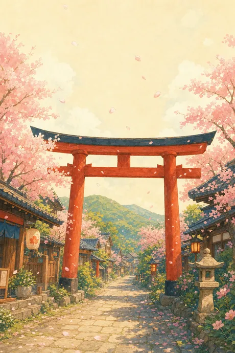 A red torii gate under cherry blossoms, the kana home backdrop in Tanuki