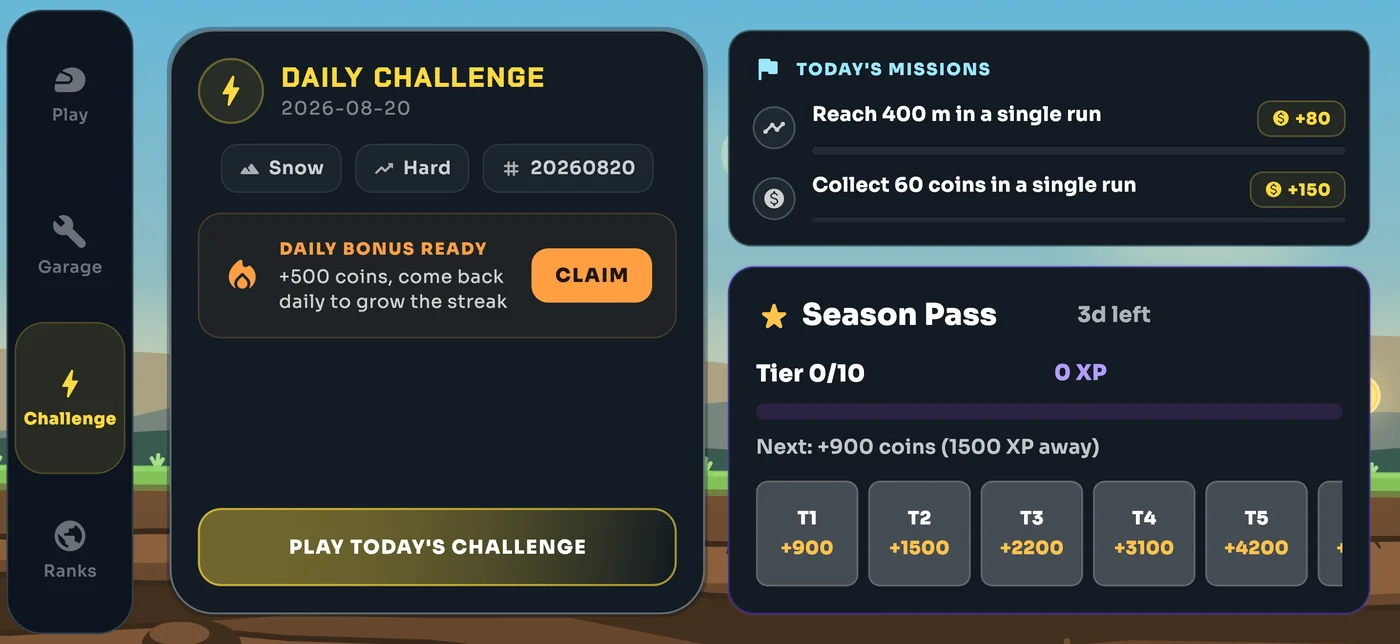 The Torqen daily challenge screen: today's shared snow terrain and seed, a claimable daily bonus, two missions and the season pass tiers
