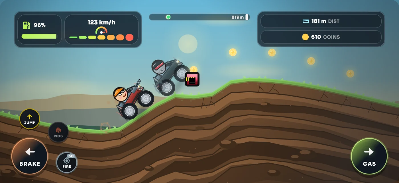 Torqen mid run: the red truck climbing a layered brown hill at 123 km per hour with the bot airborne just ahead, fuel, speed, distance and coin gauges along the top, and BRAKE, NOS, JUMP and GAS controls at the corners