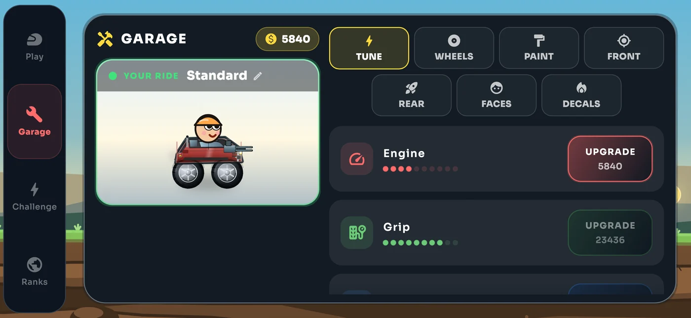 The Torqen garage screen: tabs for tune, wheels, paint, front, rear, faces and decals, the player car previewed on the left, and engine and grip upgrade rows priced in coins