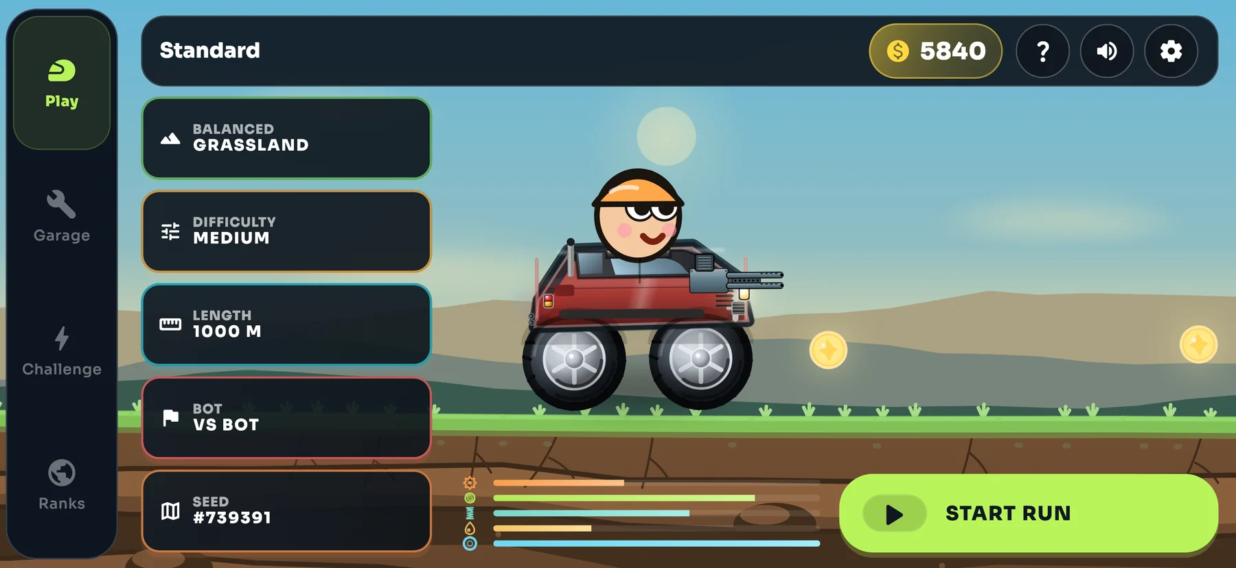 The Torqen home screen in landscape: a red monster truck parked on a grassy ridge, with rows for world, difficulty, race length, bot and seed down the left side and a green START RUN button bottom right