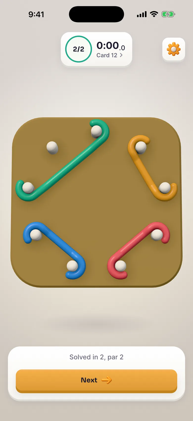 After: a solved card, with no rope crossing another.